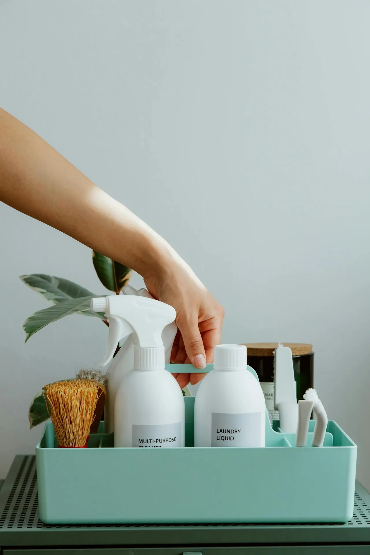 Cleaning supplies basket ready for a job